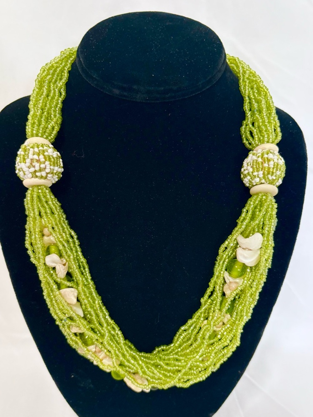 Multi-Strand Green seed Beaded Necklace with Shell Accents